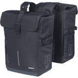 Black Basil Move Double Bicycle Bag with rain cover, 30L capacity, designed for commuting and cycling accessories.