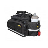 Topeak MTX TrunkBag DX 2.0 black bike rack bag with multiple compartments and reflective safety features.