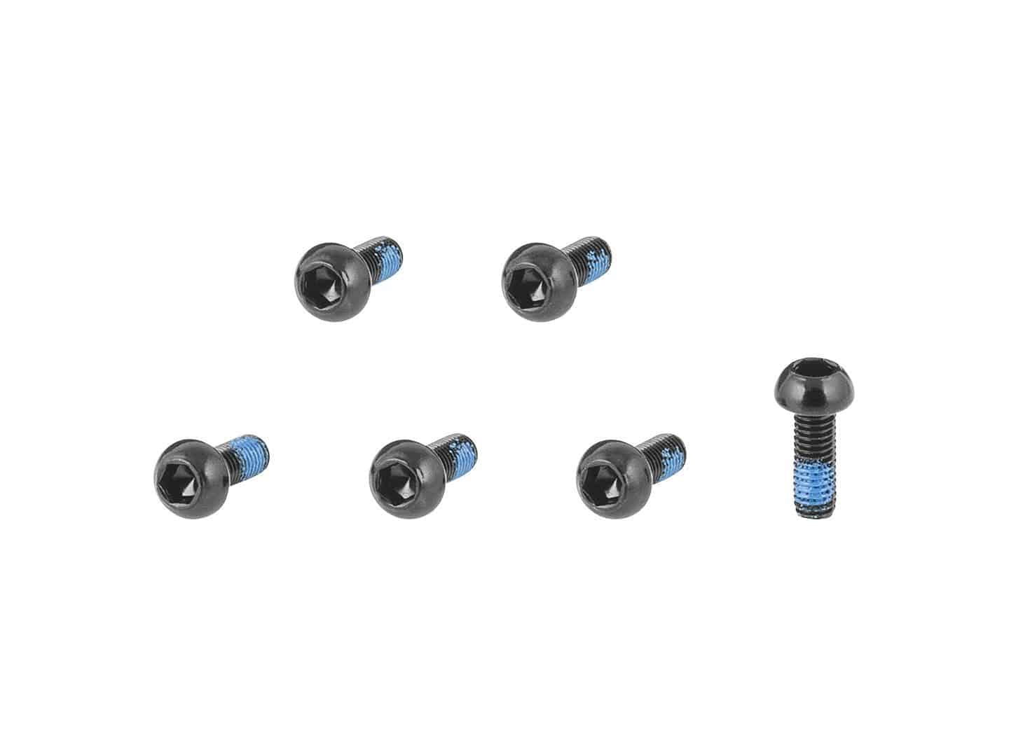 Set of six Bontrager M5x0.8 button head cap screws for bike frame components, showing shiny metal screws with threading.