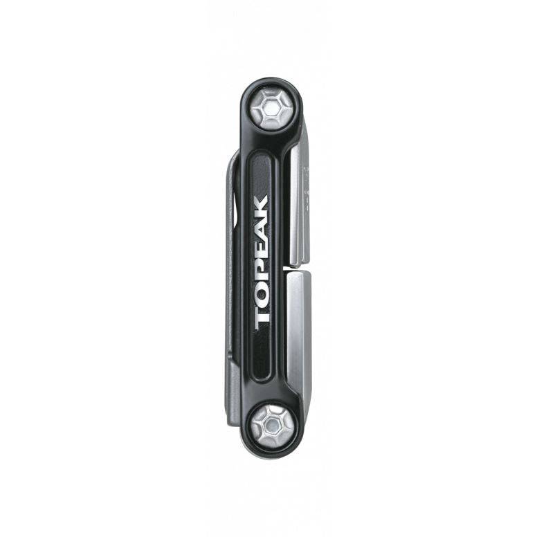 Topeak Mini 9 Pro multi-tool with 9 functions for bike repairs, displayed with neoprene bag on a workshop surface.