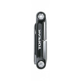 Topeak Mini 9 Pro multi-tool with 9 functions for bike repairs, displayed with neoprene bag on a workshop surface.