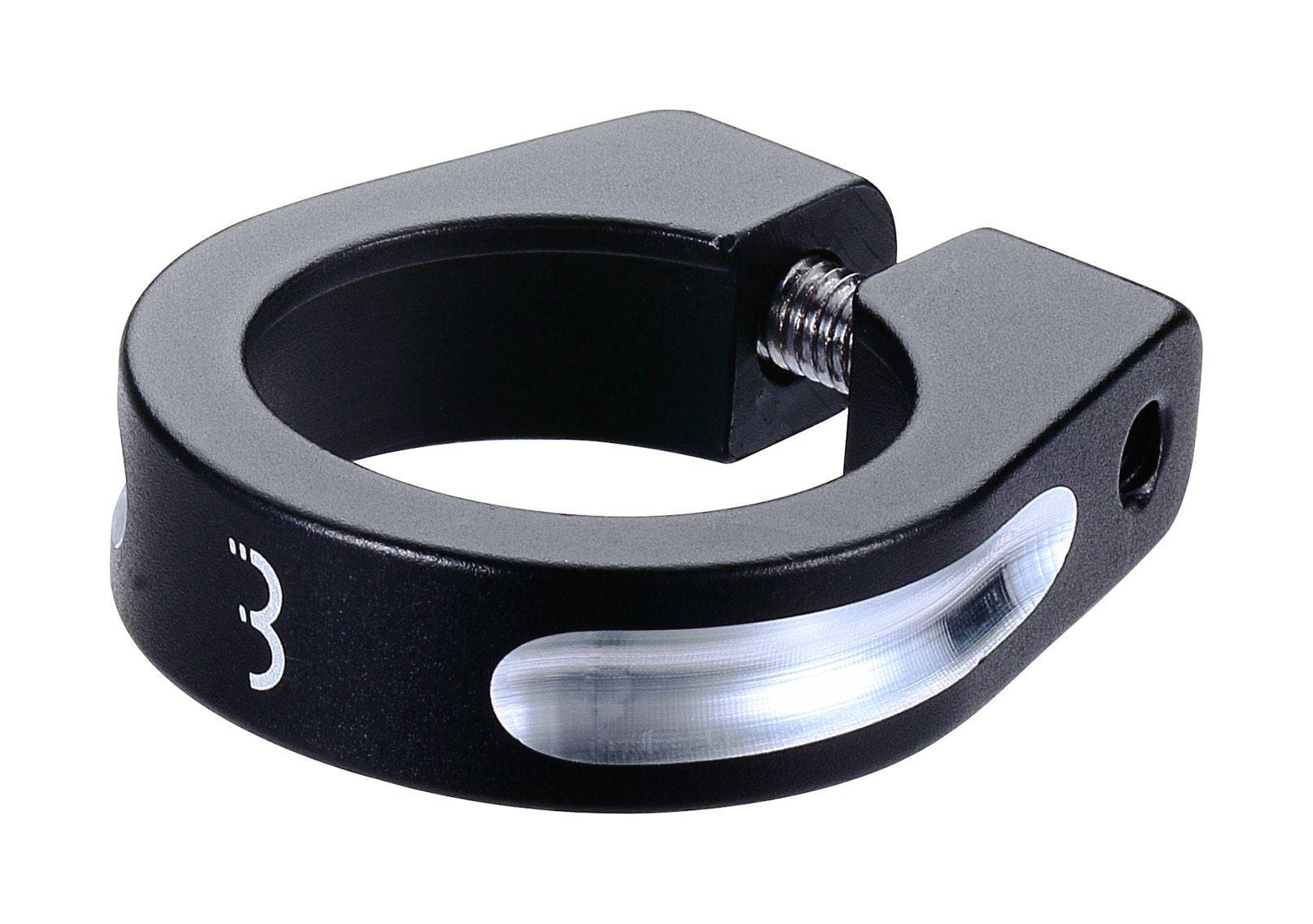 BBB Thestrangler BSP-80 aluminium seat clamp for 28.6-34.9mm seatposts, shown installed on a bicycle frame.