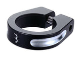 BBB Thestrangler BSP-80 aluminium seat clamp for 28.6-34.9mm seatposts, shown installed on a bicycle frame.
