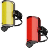 Knog Cobber Reflex twinpack bike lights with front and rear USB-C rechargeable accessories, mounted on a bicycle for visibility.