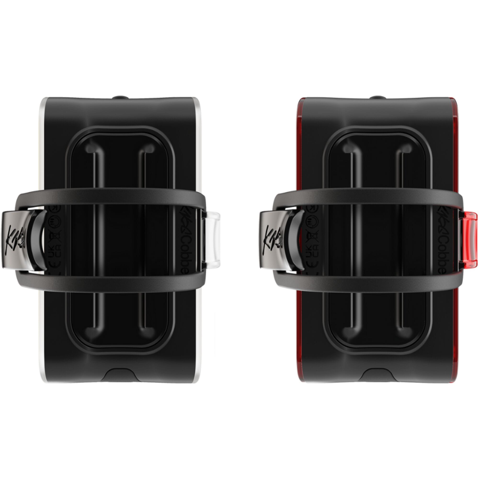 Knog Cobber Reflex Twinpack bike lights with front and rear USB-C rechargeable LED bike lights, mounted on a bicycle handlebar.