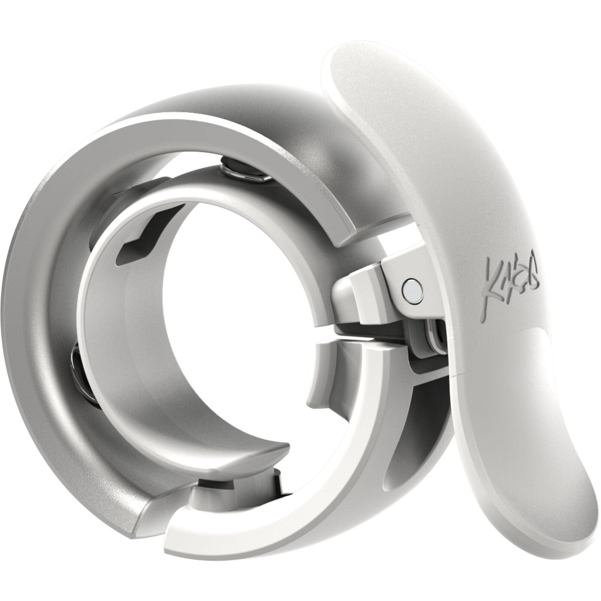 Knog Oi Prima bike bell with Wave-Tek technology and cable management, mounted on a bicycle handlebar.
