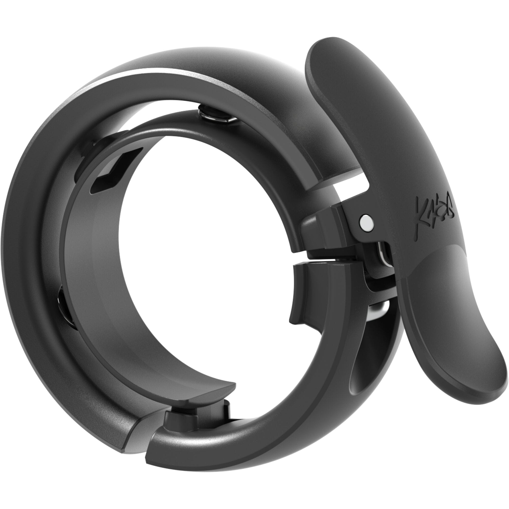 Knog Oi Prima bike bell with Wave-Tek technology and cable management, featuring sleek design and visible bell mechanism on a bicycle handlebar.