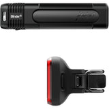 Knog Blinder Pro 700 front cycling light and Blinder Square rear light twinpack, mounted on a bike for visibility.