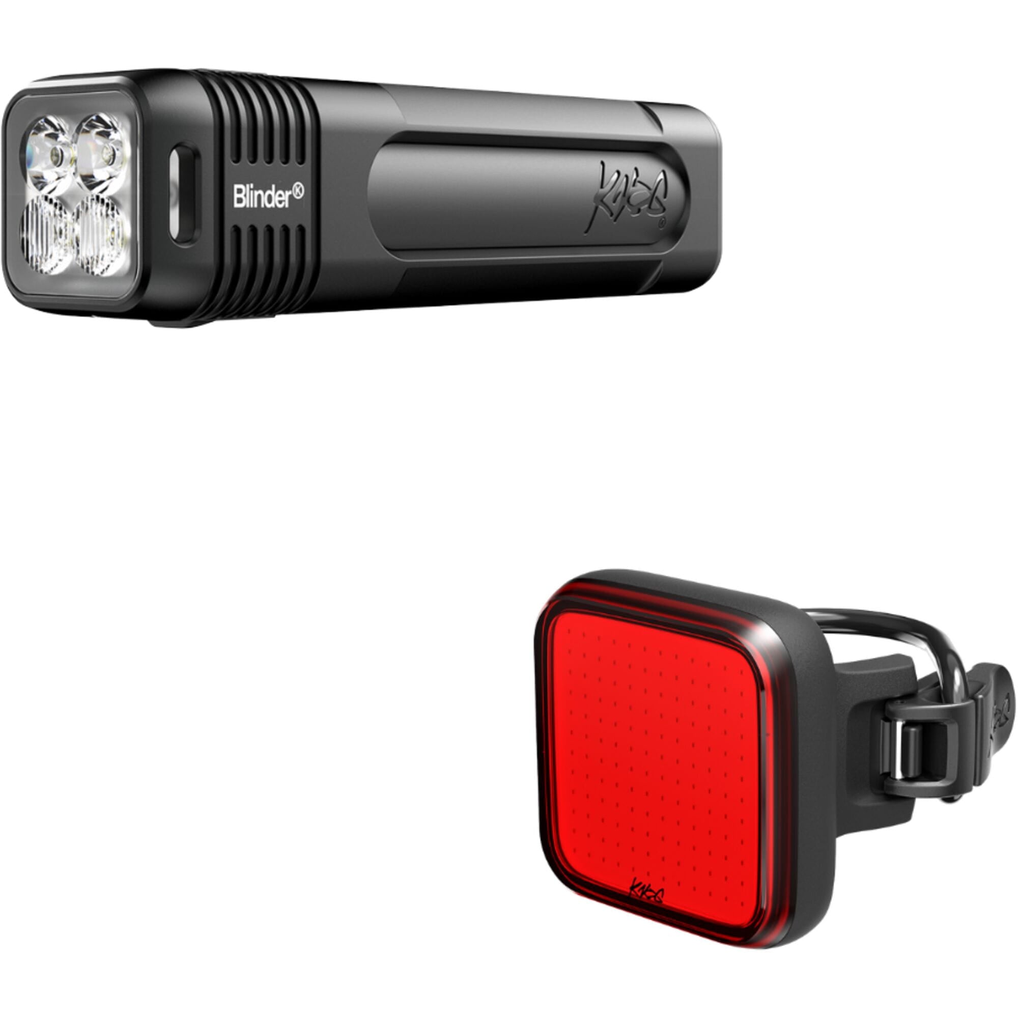 Knog Blinder Pro 700 front cycling light and Blinder Square rear light twinpack, waterproof LED bike accessories, mounted on handlebars.