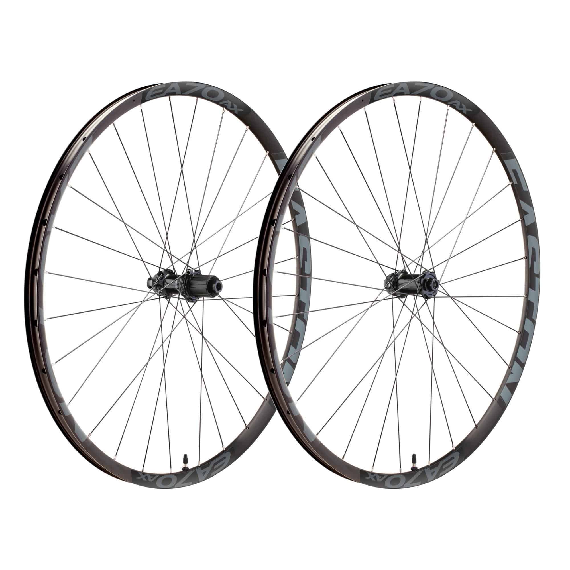 Easton EA70 AX disc wheelset with tubeless-ready rims for road and gravel bikes, featuring lightweight, durable components.