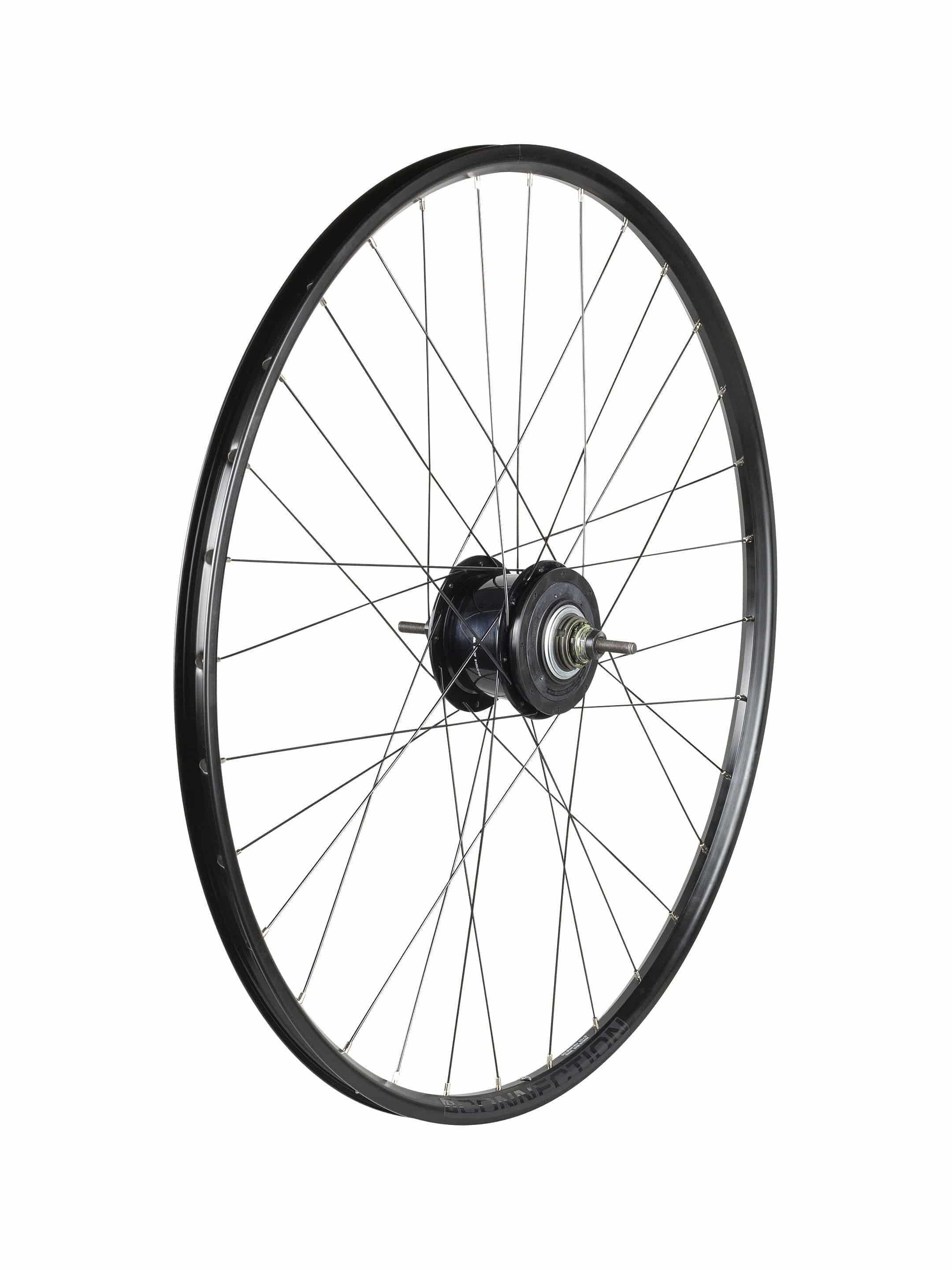 Bontrager Connection Alfine 700c rear wheel with 32H black alloy rim and 8-speed internal gear hub for bike components.