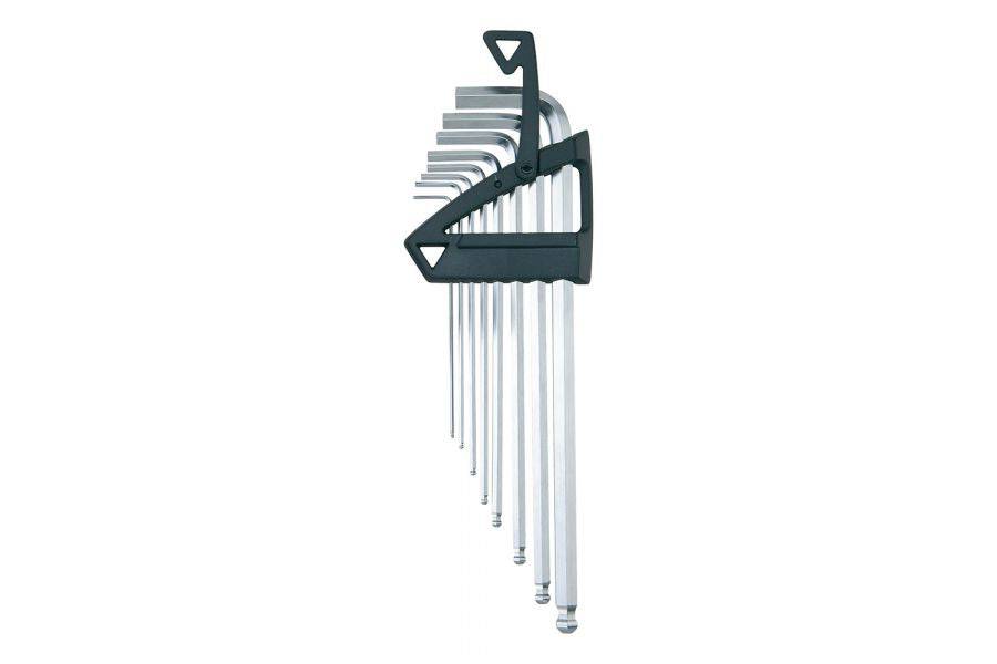 Silver Topeak Duohex 7-piece ball end hex key wrench set for bike and workshop repairs, featuring ergonomic handles and precise tips.