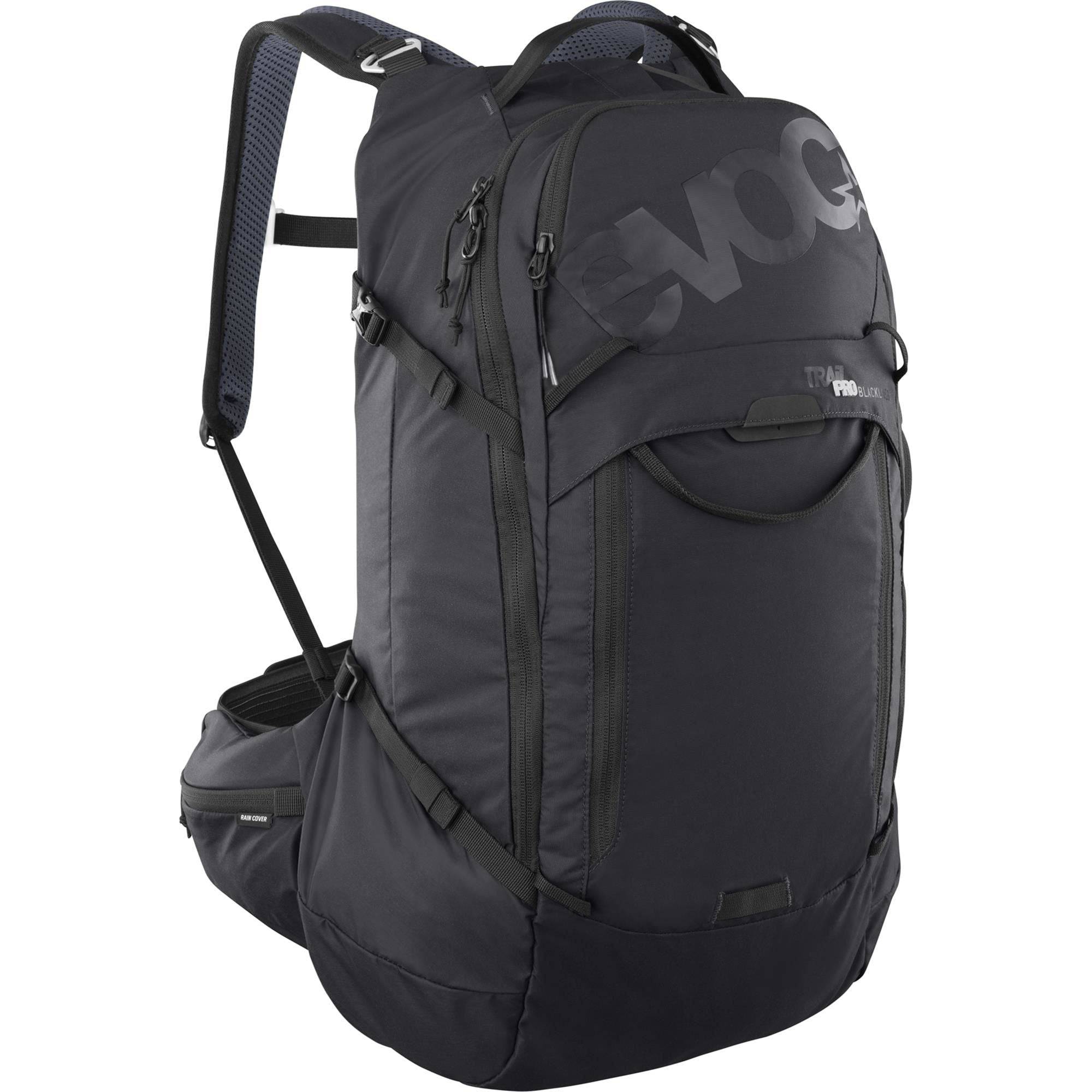 EVOC Trail Pro Blackline 26L protector backpack with LITESHIELD back protection, black color, shown from side angle.