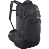 EVOC Trail Pro Blackline 26L protector backpack with LITESHIELD back protection, black color, shown from side angle.
