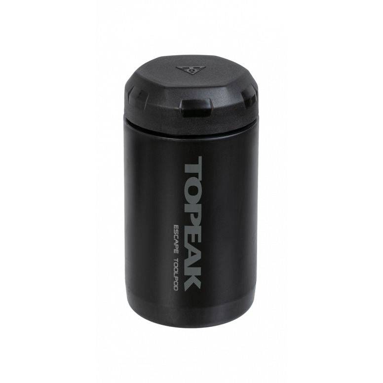 Black Topeak Escape Pod+ bike tool storage accessory with noise-reduction lining, compact and durable for cycling gear.