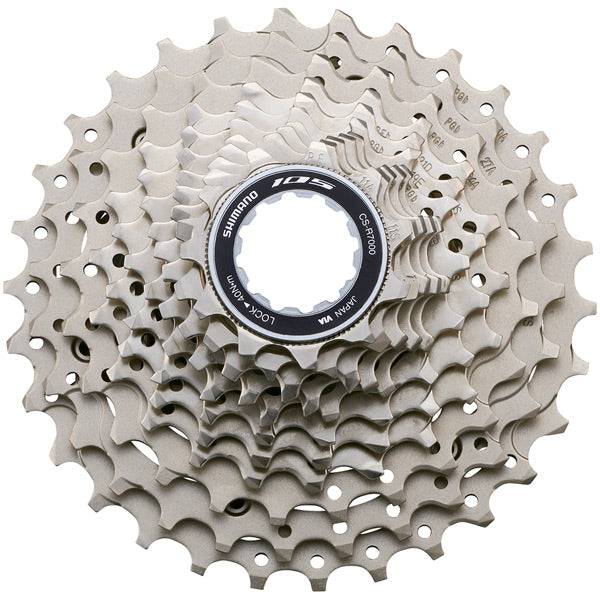 Shimano 105 CS-R7000 11-speed road bike cassette with 11-28T gears, showcasing the lightweight component for smooth shifting.