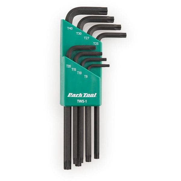Park Tool TWS-1 L-shaped Torx wrench set with portable holder, including sizes T9 to T40, for workshop bike repairs.
