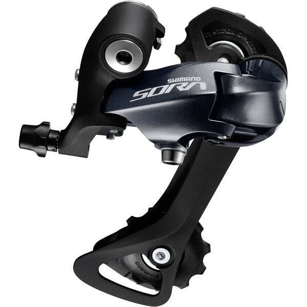 Shimano Sora RD-R3000 9-speed rear derailleur for road bikes, featuring 11-32T compatibility and lightweight component design.