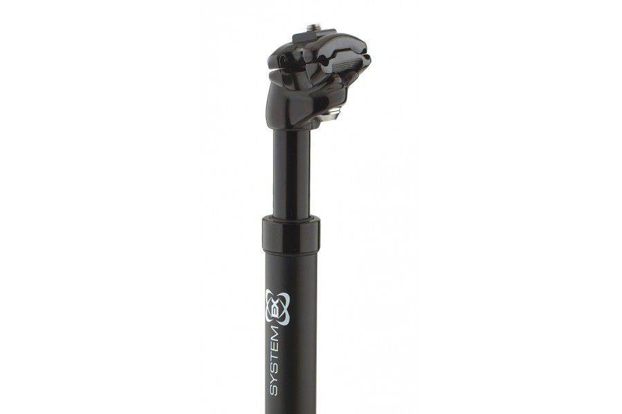 System EX Suspension Seatpost EL Black 27.2mm lightweight alloy with adjustable preload, designed for bike components.