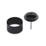 Black Minoura Vergo TF 50mm height space adaptor for thru-axle bike racks, shown attached to a bike axle.