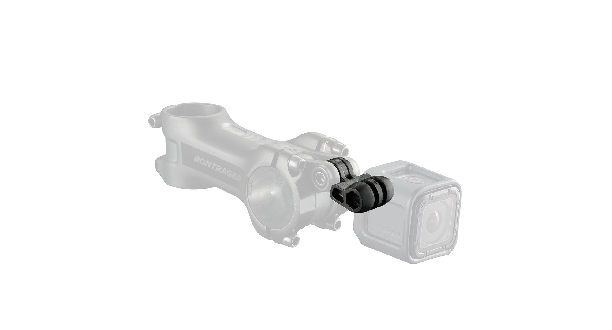 Black Bontrager Blendr GoPro Mount attached to a bike stem, secure bike camera mount for Blendr stems, made for action cameras.