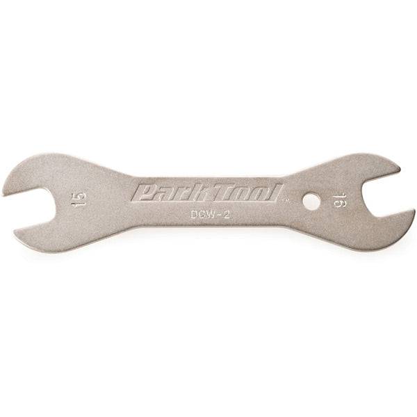 Park Tool DCW-2 double-ended cone wrench with 15mm and 16mm sizes for bicycle wheel maintenance, workshop tool.