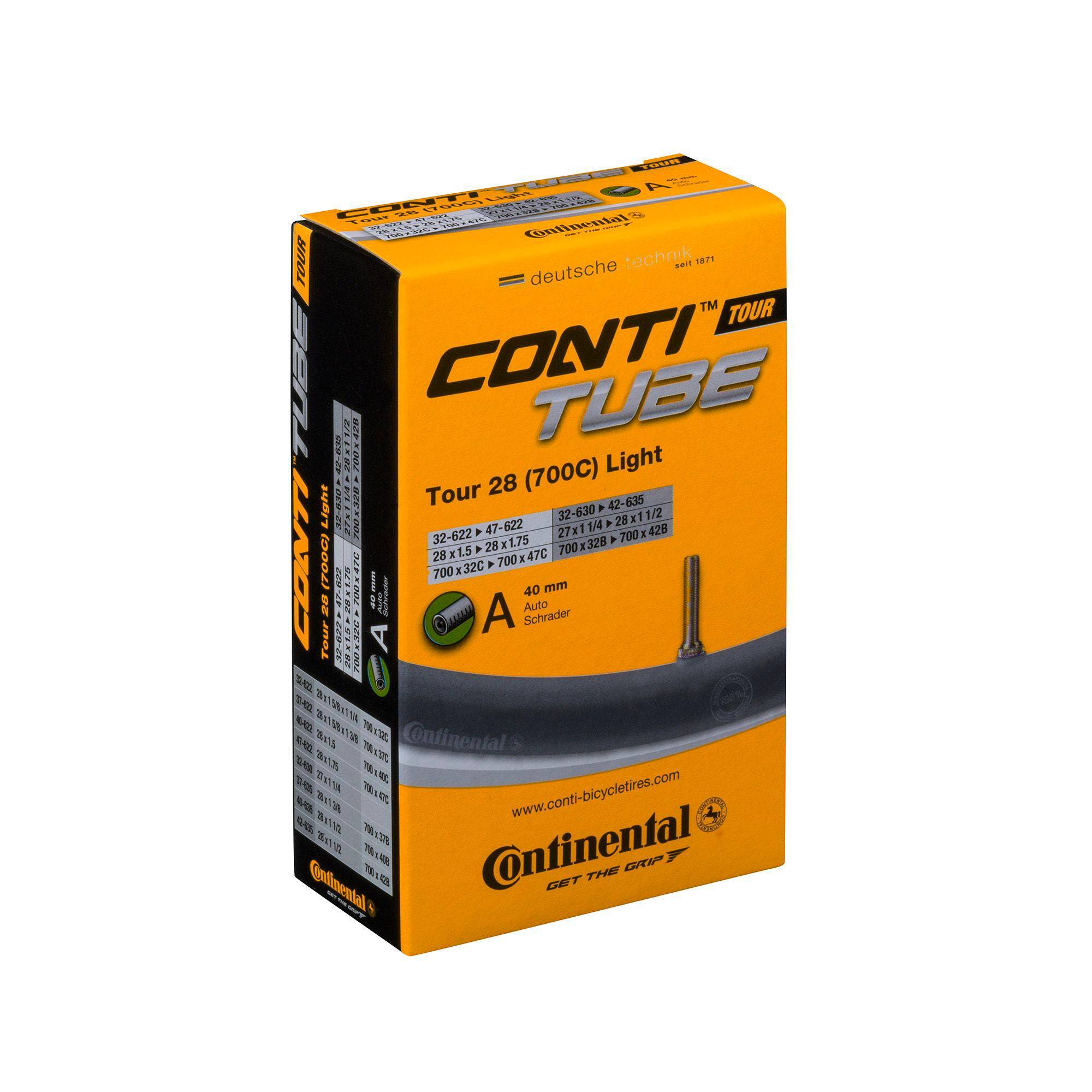 Black Continental Tour Tube inner tube for 700x32-47C tires with Schrader 40mm valve, suitable for bicycle components.