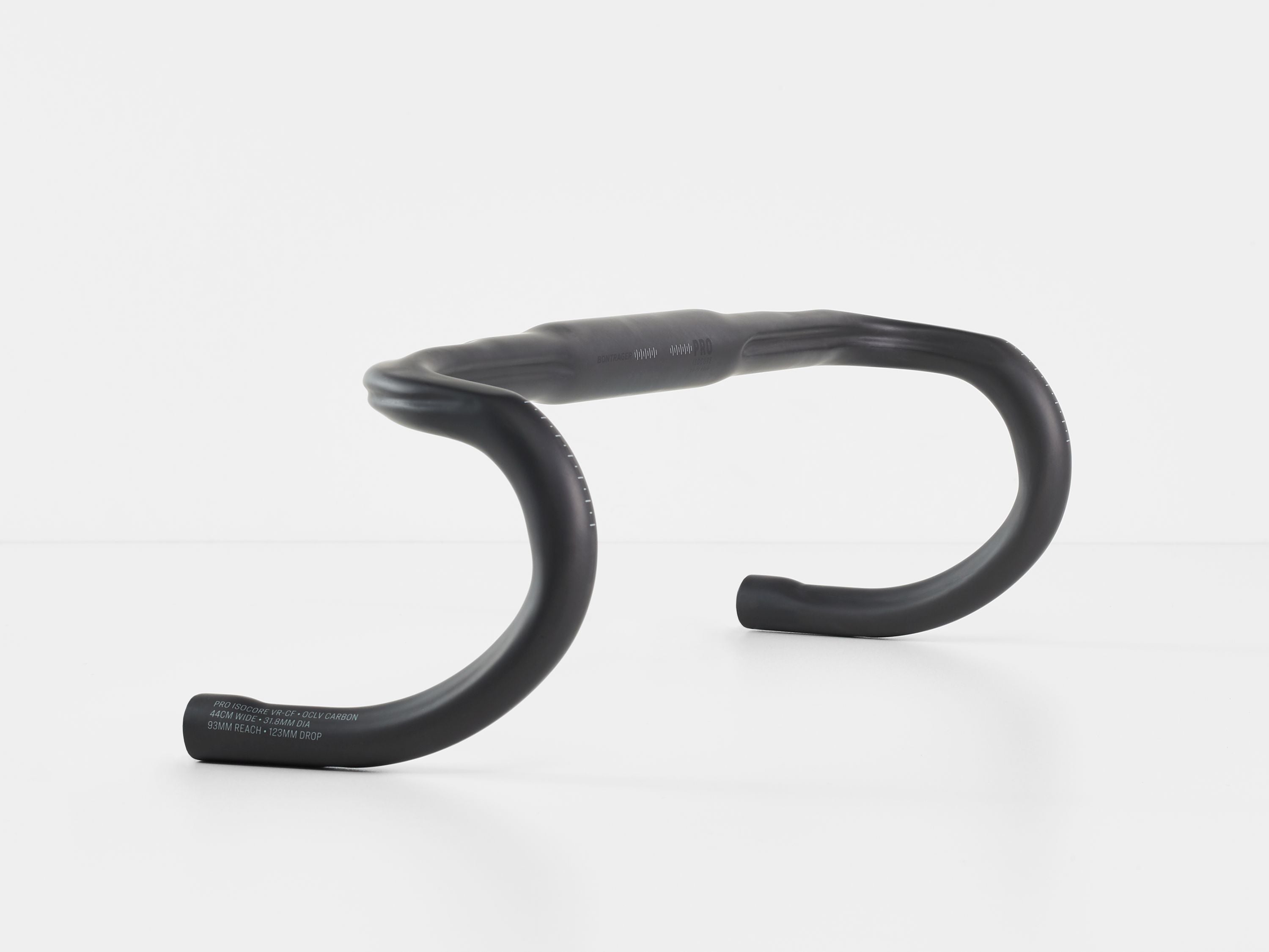 Bontrager Pro Isocore VR-CF carbon road handlebar with IsoCore vibration reduction system, showing sleek black aerodynamic design.