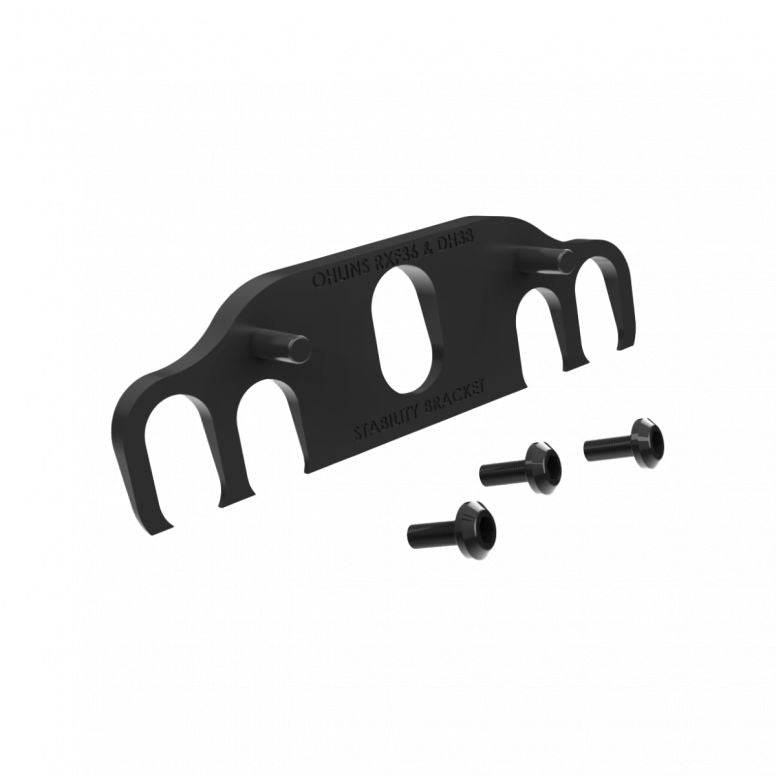 Black Rapid Racer Ohlins RXF36 & DH38 stability bracket for mountain bike forks, designed by RRP, shown mounted on a fork.