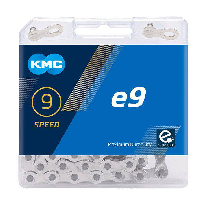 KMC E9 Silver 122L 9-speed e-bike chain with triple X-durability and nickel plating, designed for high-performance bicycle components.