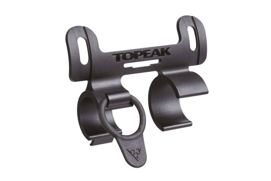 Topeak Roadie DAX/DA/DA-G pump bracket with rubber safety band, black, designed for secure bike pump mounting accessories.
