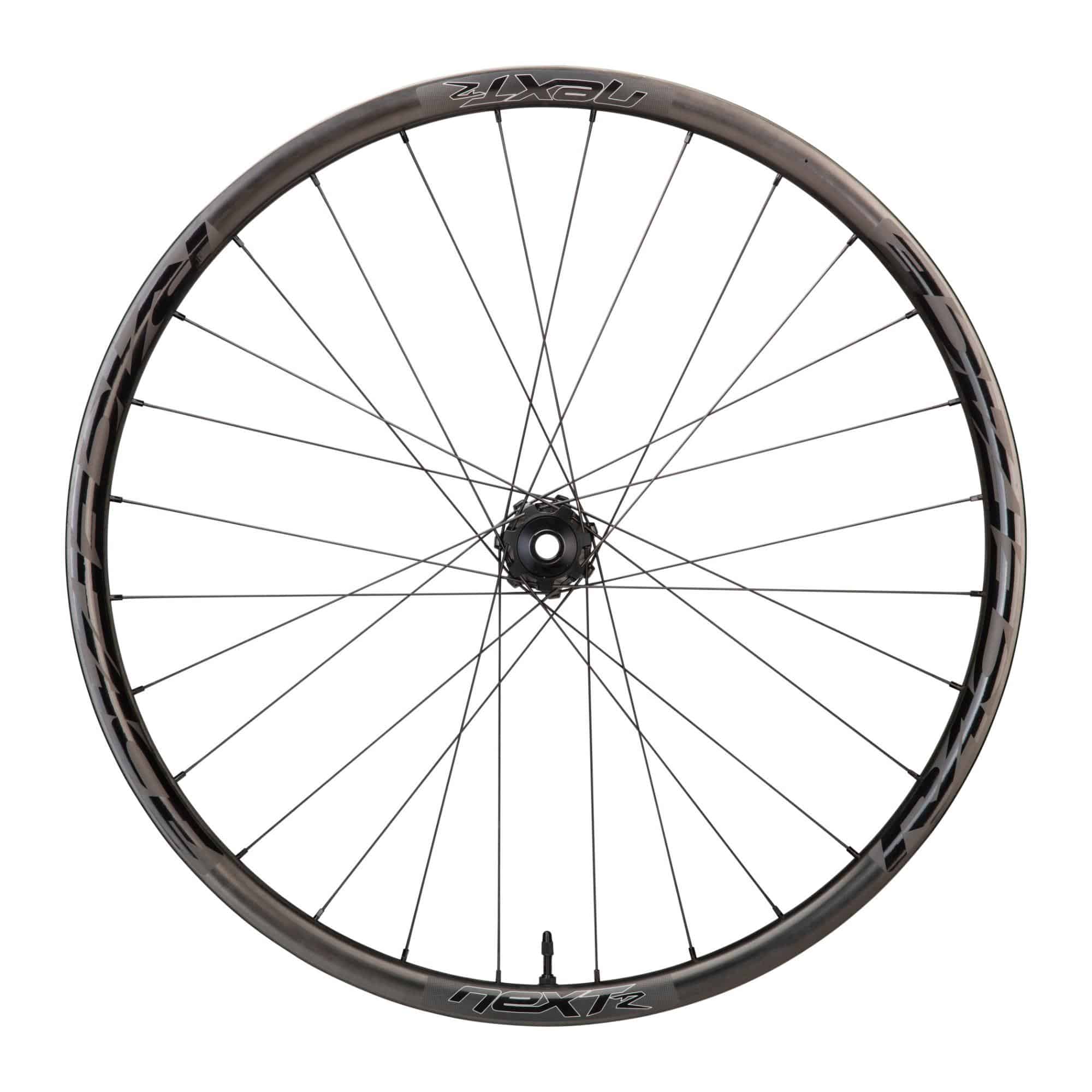 Race Face Next R 36mm carbon MTB wheels with tubeless-ready design and boost axle, shown from a side angle.