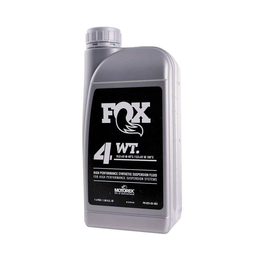 Fox Suspension Fluid 4WT 1L bottle for fork maintenance, shown in the image with the branded container and fluid inside.