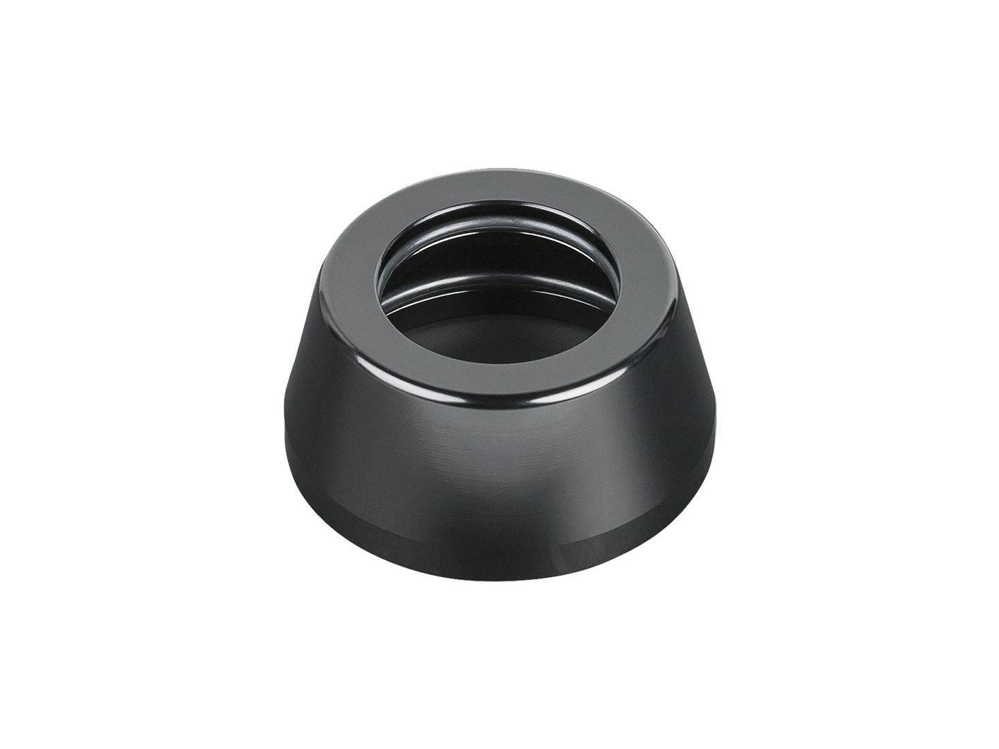 Black Bontrager headset top cover for bike components, measuring 22mm x 25.7mm x 46.4mm, made of durable material.