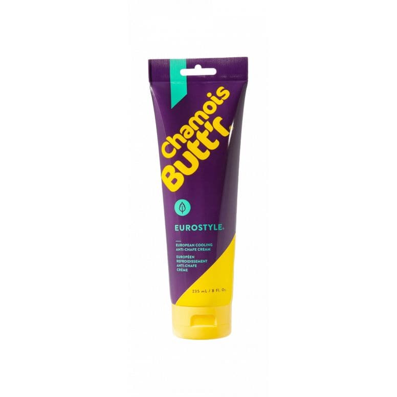 Chamois Butt'r Eurostyle cooling anti-chafe cream for cyclists with menthol and witch hazel, shown in a tube.
