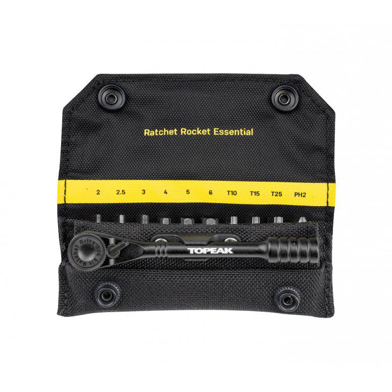 Topeak Ratchet Rocket Essential Black bike multi-tool with 10 hardened steel bits, compact workshop tool for cycling repairs