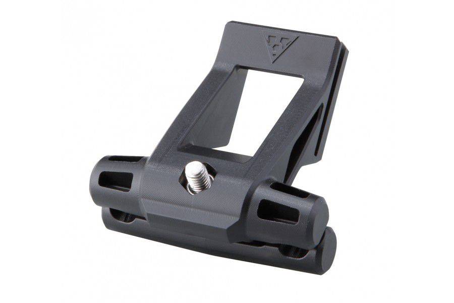 Topeak Fixer F25 black bike saddle accessory mount attached to a bike, lightweight and secure for carrying accessories