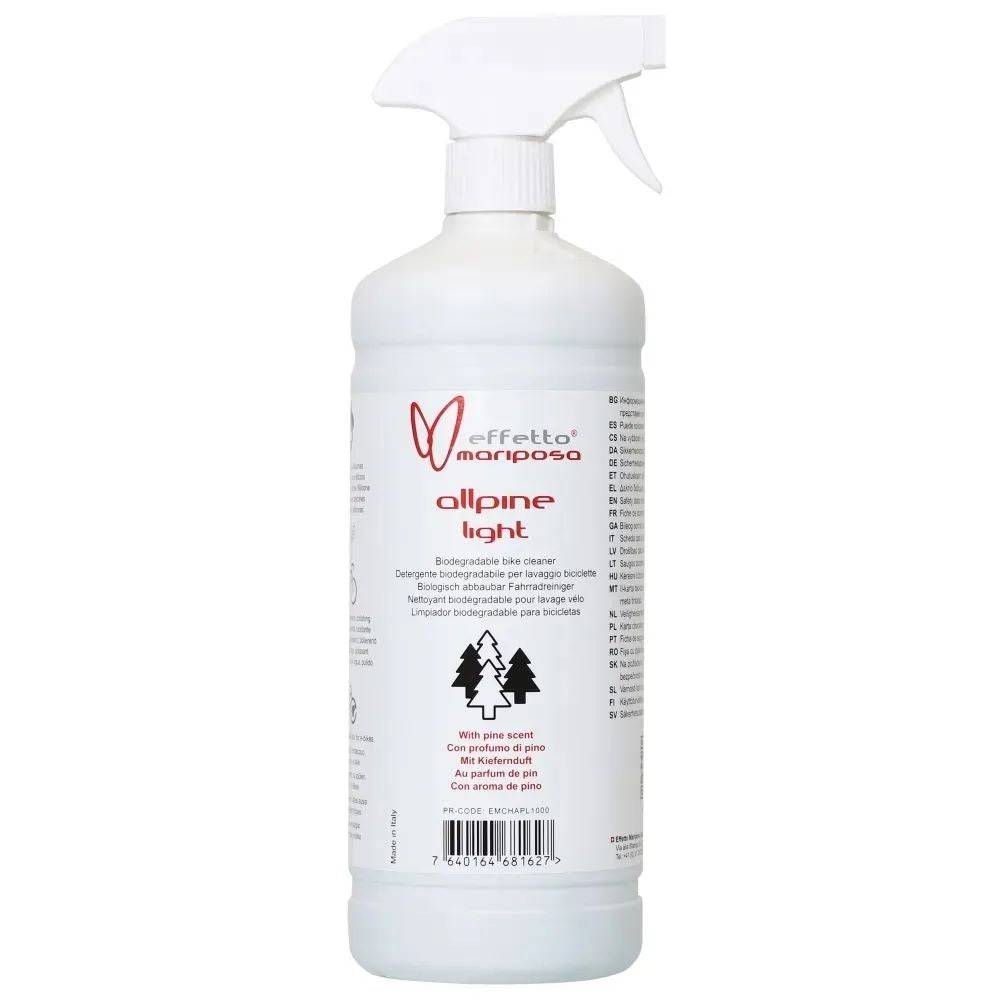 Effetto Mariposa Allpine Light Eco bike cleaner in a workshop setting, biodegradable pine-scented bike cleaning product.