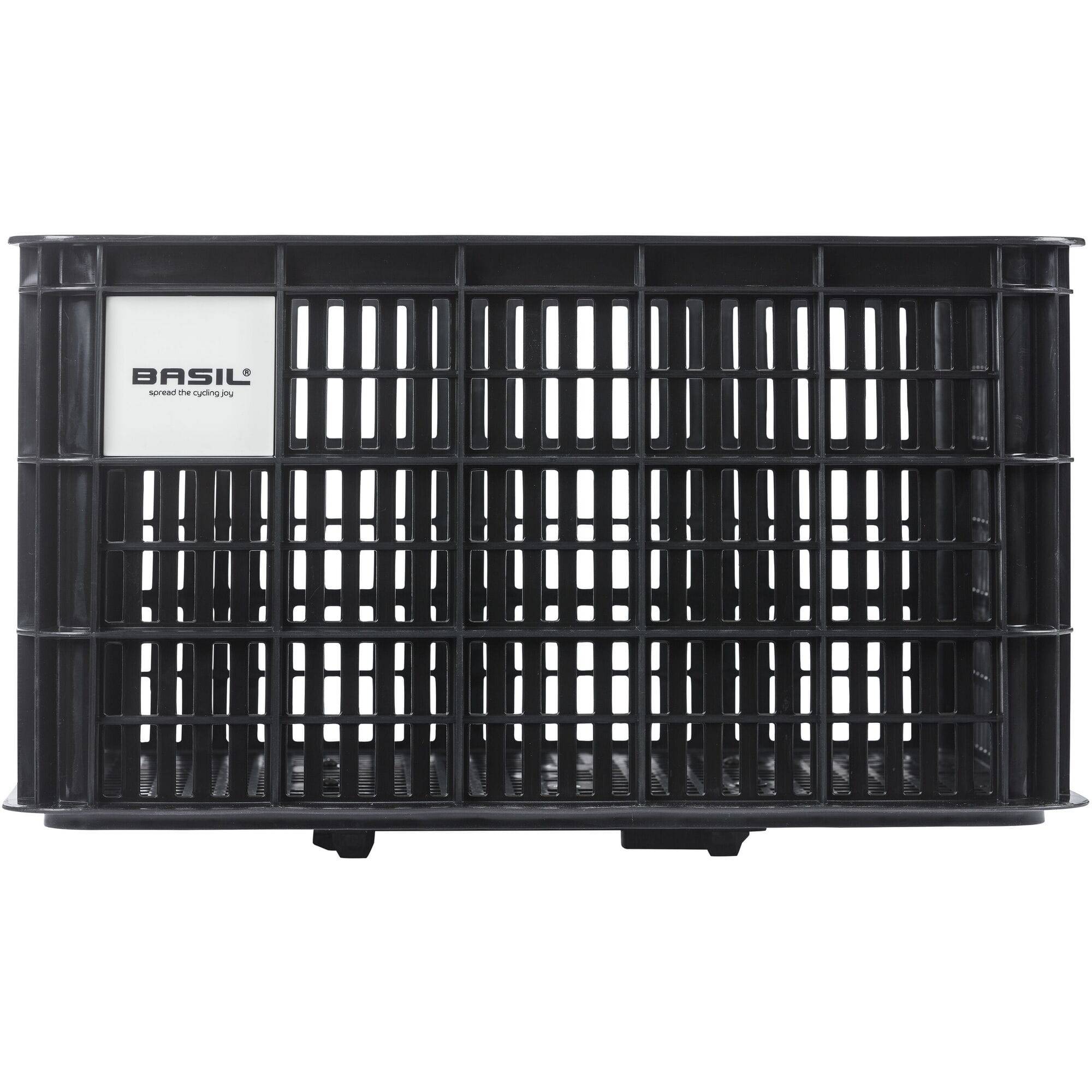 Large Basil Bicycle Crate MIK 40L black recycled synthetic bike basket attached to a bicycle for carrying items.