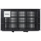 Large Basil Bicycle Crate MIK 40L black recycled synthetic bike basket attached to a bicycle for carrying items.