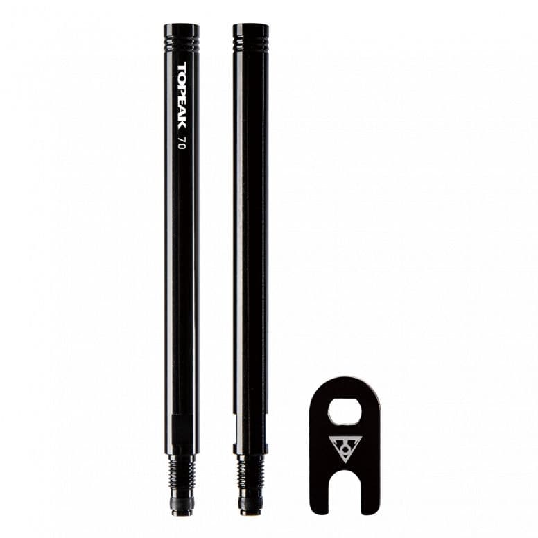 Topeak 70mm Presta valve extender with valve tool in black, designed for bike pump compatibility and easy inflation access.
