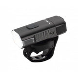Moon Sport Rigel Lite 500lm front bike light in black with USB-C recharge, waterproof IPX7, mounted on a bicycle.