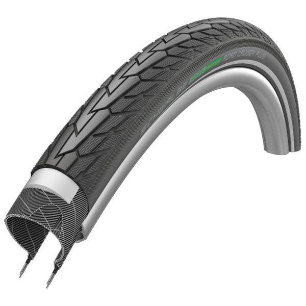 Schwalbe Road Cruiser Plus bicycle tyre showing tread pattern and sidewall with branding, designed for durable puncture protection.