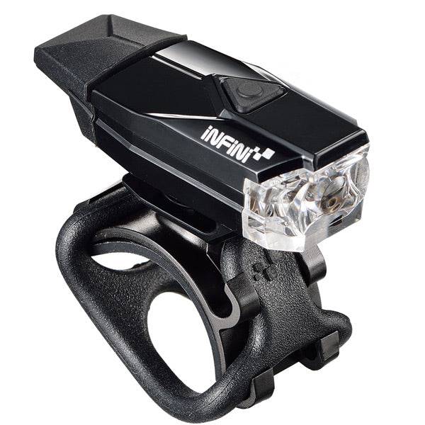 Infini Mini-Lava rechargeable USB bike front light with 50 lumens, compact LED accessory for enhanced visibility during rides.