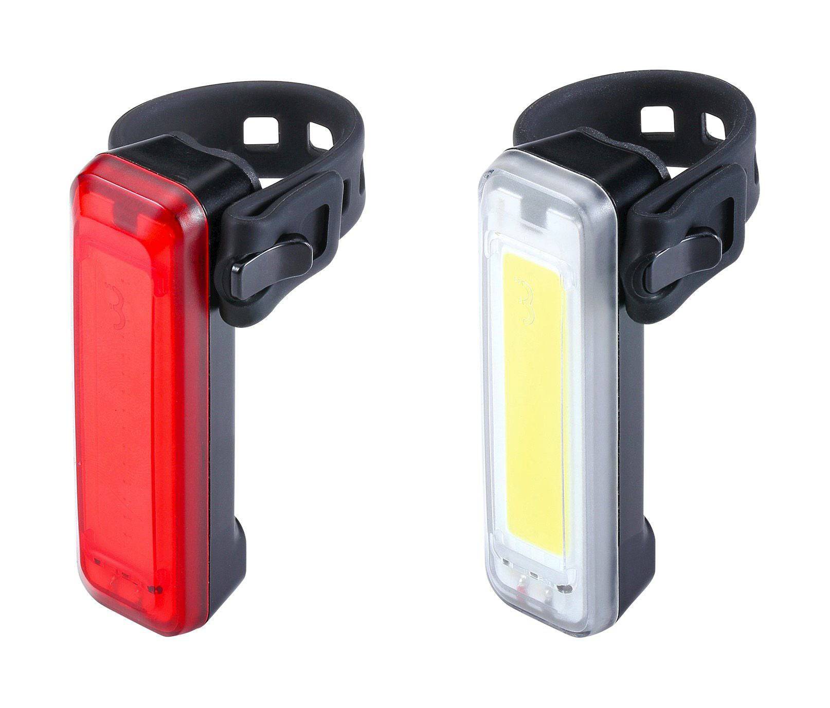 BBB BLS-138 LED bike light set with front and rear lights, waterproof design, USB rechargeable, for safe cycling visibility.