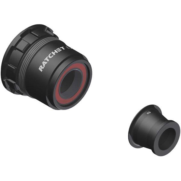 DT Swiss Ratchet EXP freehub conversion kit for SRAM XD 142/12mm boost hubs, shown with hub components and tools.