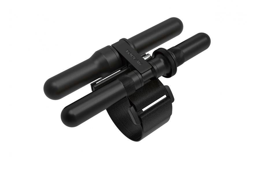 Topeak Tubi Pod X tubeless tyre repair kit in black with frame mount strap, designed for bike workshop use