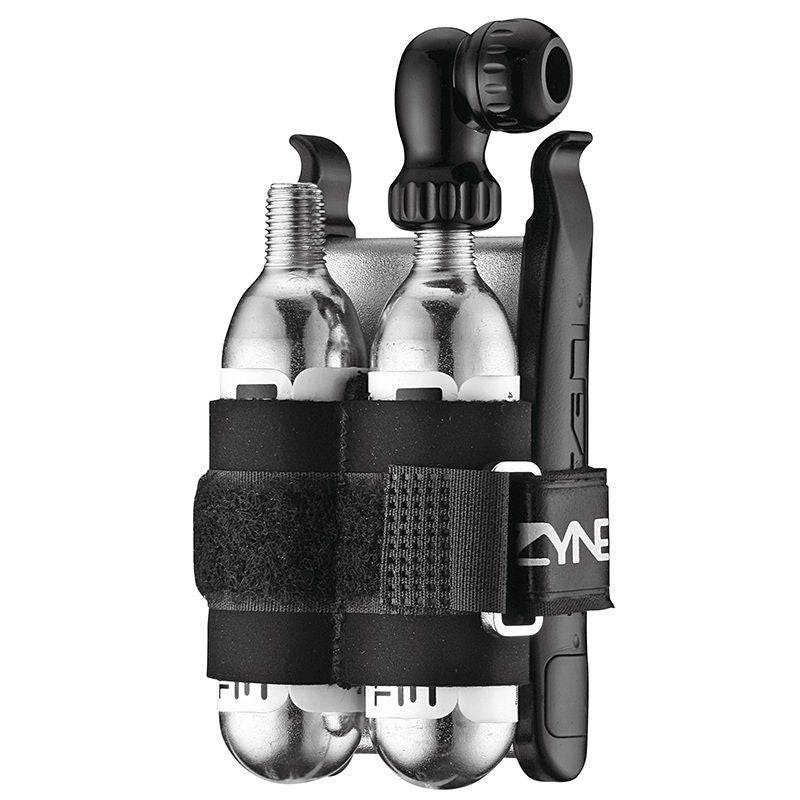 Lezyne Twin Kit CO2 inflator with 16g cartridge, Twin Speed Drive, neoprene strap, black bike inflator accessories.