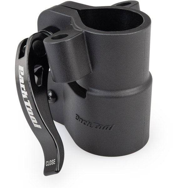Park Tool 2848AC accessory collar for PCS-9.2/9.3/10.2/10.3 repair stands, shown attached to workshop bicycle repair stand.
