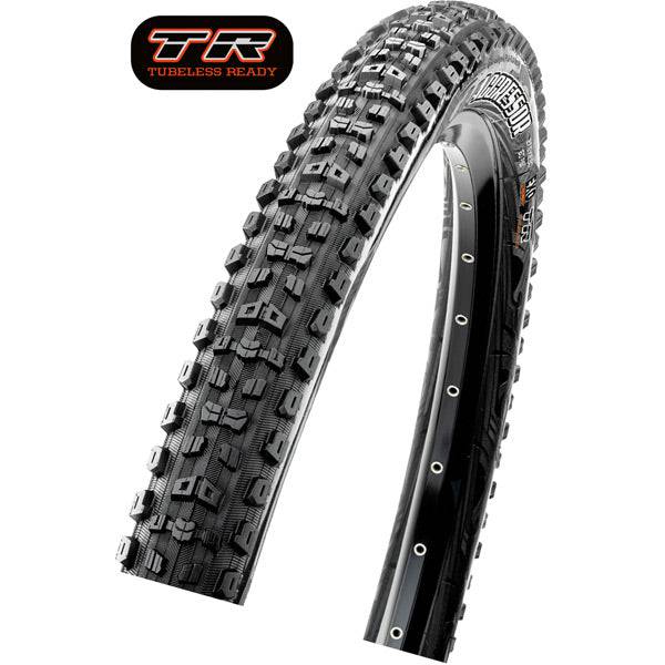 Maxxis Aggressor mountain bike tyre with tubeless-ready design and DoubleDown casing, shown mounted on a bike wheel.